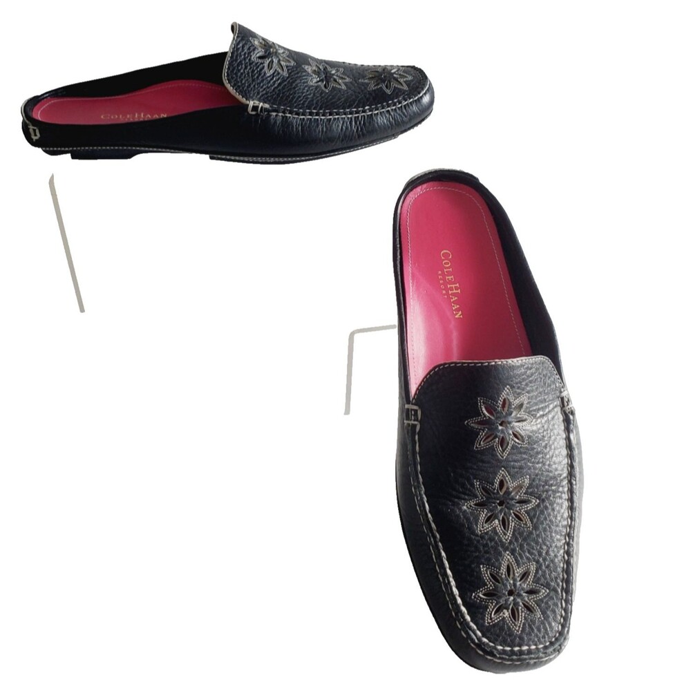 VTG Cole Haan Women’s Slip-on Shoes Size 7.5 Black Leather Floral Driving